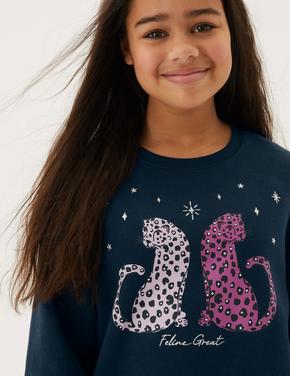 Kız Çocuk Lacivert İşleme Detaylı Yuvarlak Yaka Sweatshirt (6-16 Yaş)
