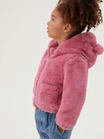 Kız Çocuk Pembe Suni Kürk Kapüşonlu Ceket (2-7 Yaş)