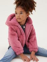 Kız Çocuk Pembe Suni Kürk Kapüşonlu Ceket (2-7 Yaş)