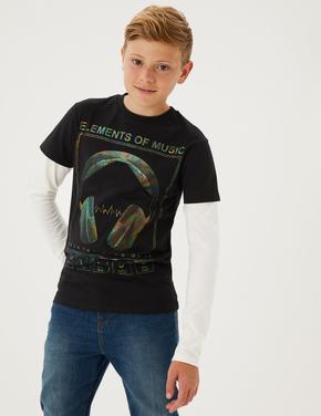 Erkek Çocuk Siyah Saf Pamuklu Holografik T-Shirt (6-16 Yaş)