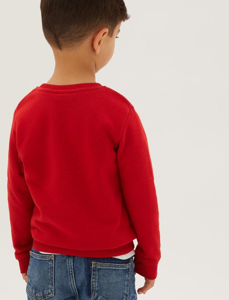 Erkek Çocuk Kırmızı Robot Desenli Yuvarlak Yaka Sweatshirt (2-7 Yaş)