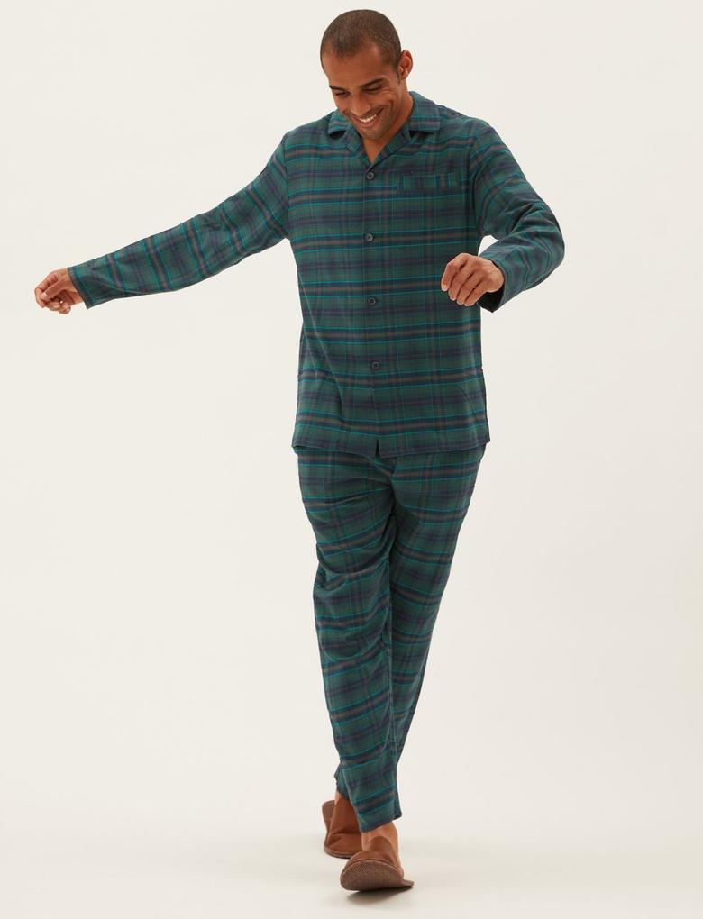 Erkek Yeşil Saf Pamuklu Ekose Desenli Pijama Takımı