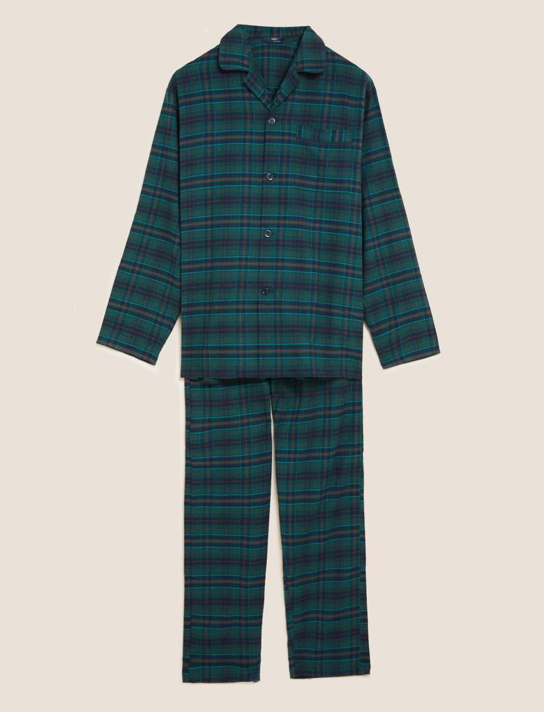 Erkek Yeşil Saf Pamuklu Ekose Desenli Pijama Takımı