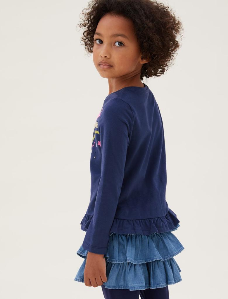 Kız Çocuk Lacivert Saf Pamuklu Pullu T-Shirt