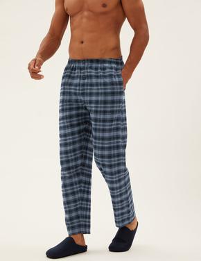 Erkek Mavi Saf Pamuklu Ekose Desenli Pijama Takımı