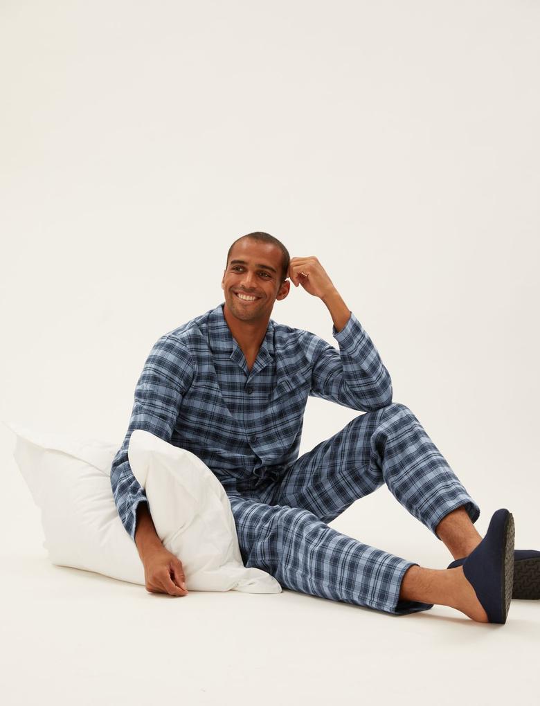 Erkek Mavi Saf Pamuklu Ekose Desenli Pijama Takımı
