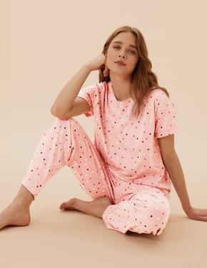 Kadın Pembe Saf Pamuklu Puantiyeli Pijama Takımı