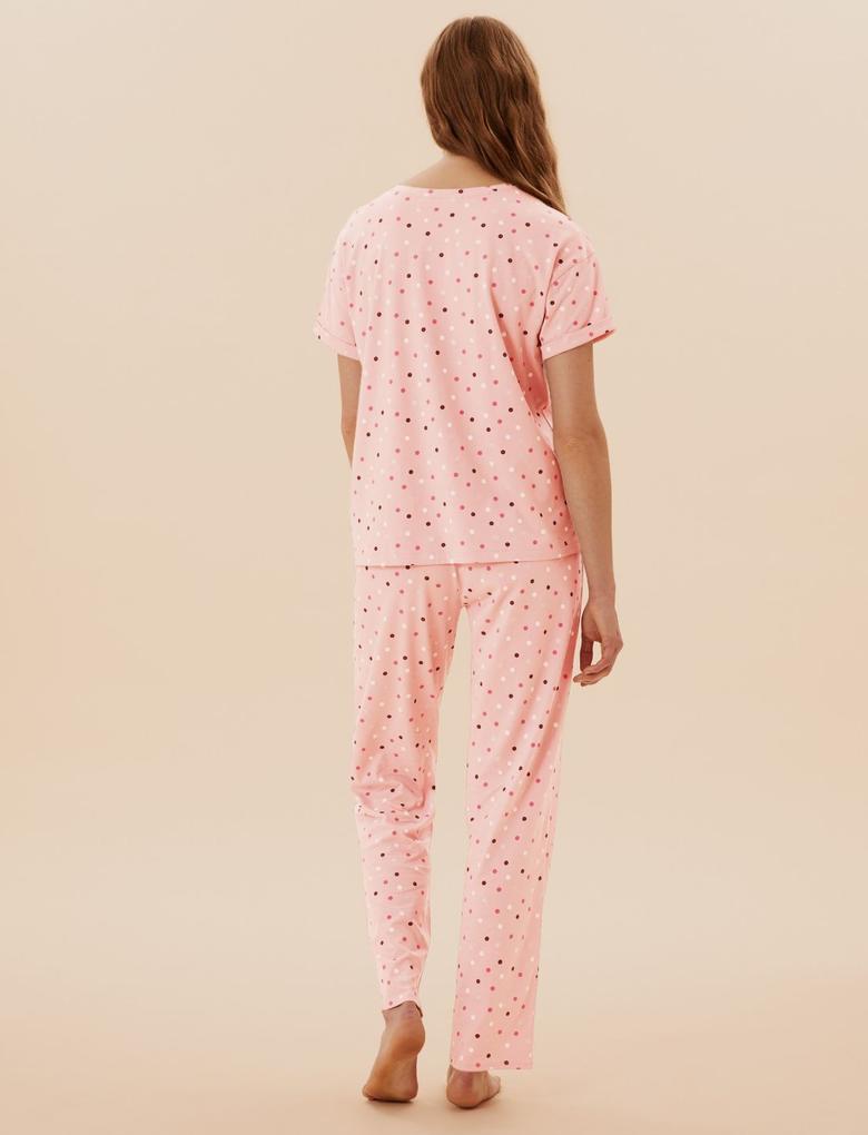 Kadın Pembe Saf Pamuklu Puantiyeli Pijama Takımı