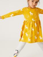 Kız Çocuk Sarı Saf Pamuklu Geyik Desenli Elbise (2-7 Yaş)