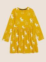 Kız Çocuk Sarı Saf Pamuklu Geyik Desenli Elbise (2-7 Yaş)