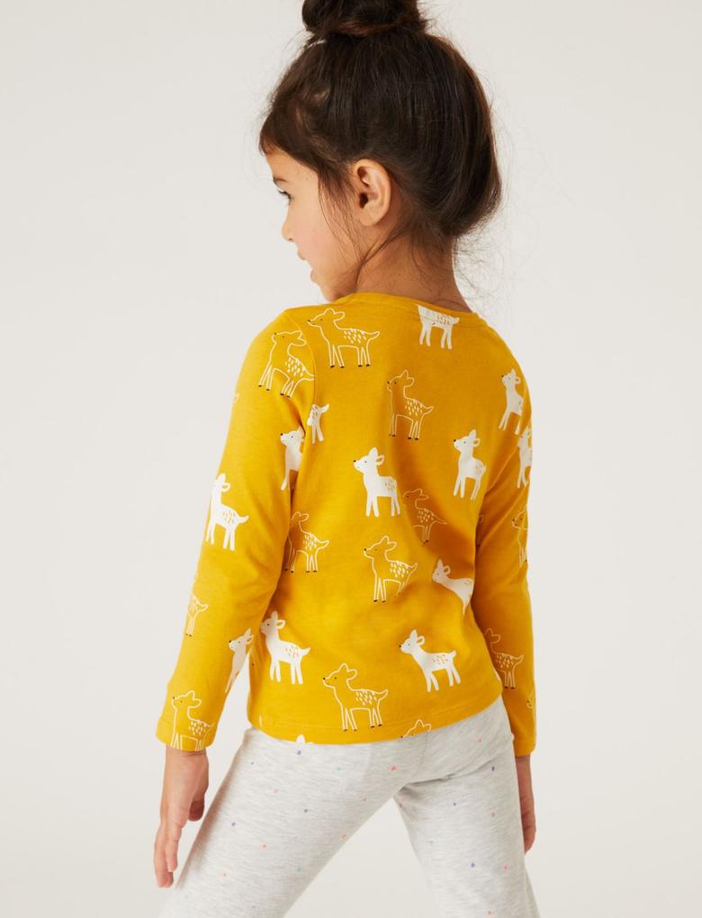 Kız Çocuk Sarı Saf Pamuklu Geyik Desenli T-Shirt (2-7 Yaş)