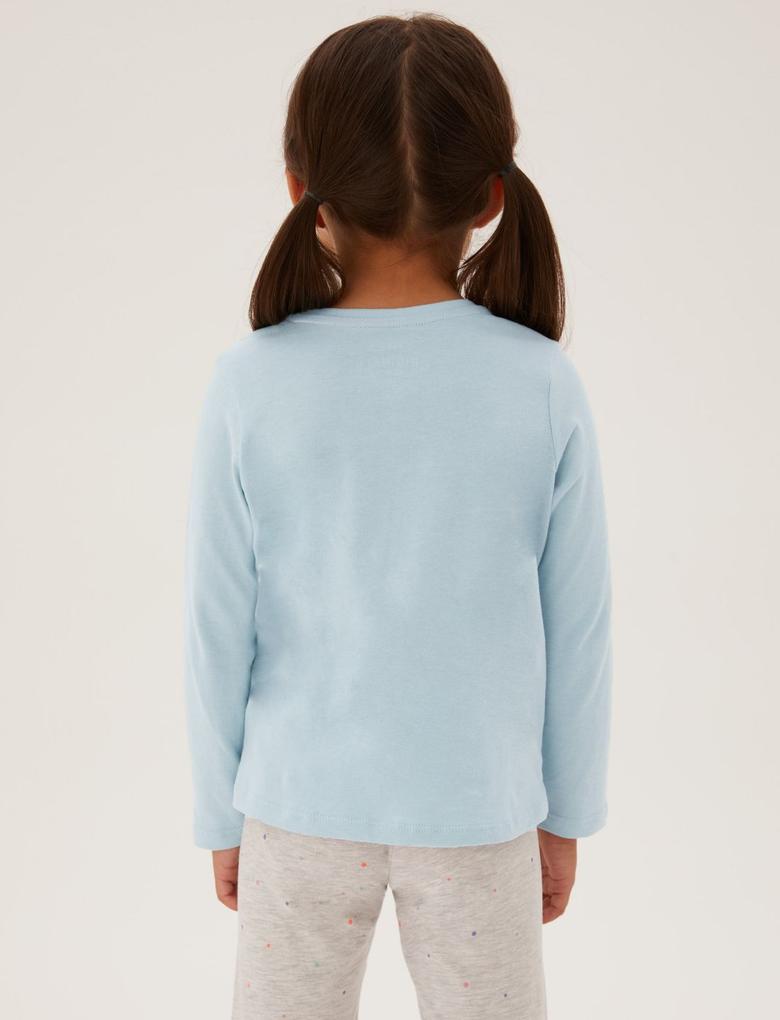 Kız Çocuk Mavi Saf Pamuklu Penguen Desenli T-Shirt (2-7 Yaş)