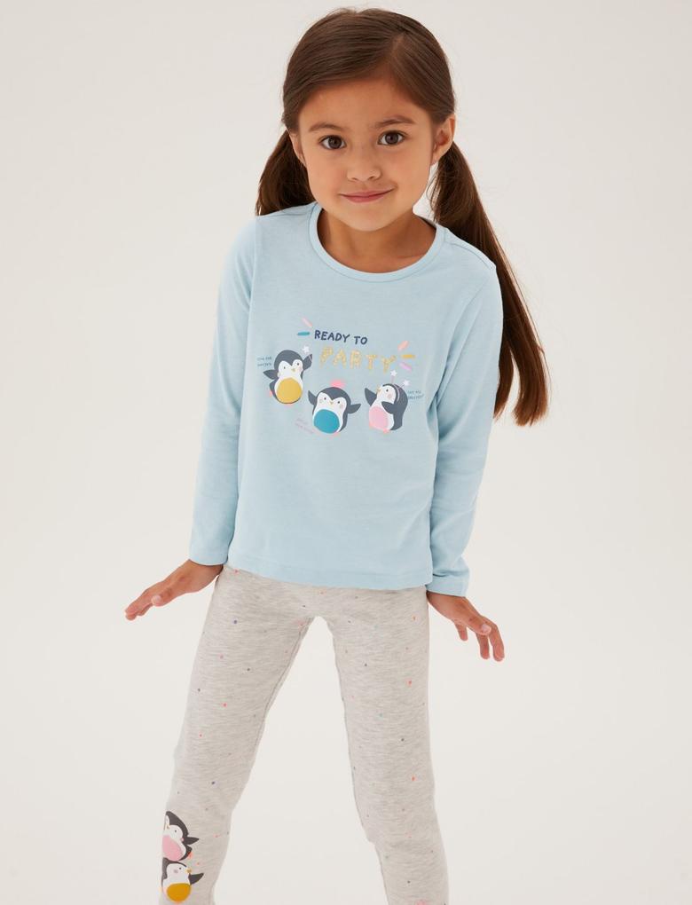 Kız Çocuk Mavi Saf Pamuklu Penguen Desenli T-Shirt (2-7 Yaş)