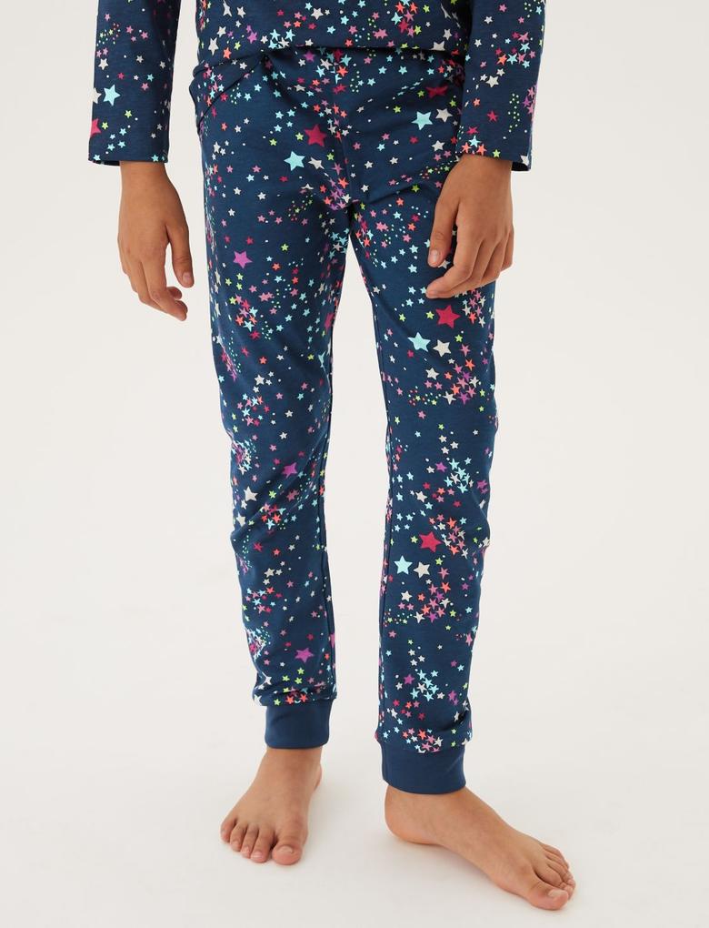 Çocuk Lacivert Saf Pamuklu Yıldız Desenli Pijama Takımı (6-16 Yaş)