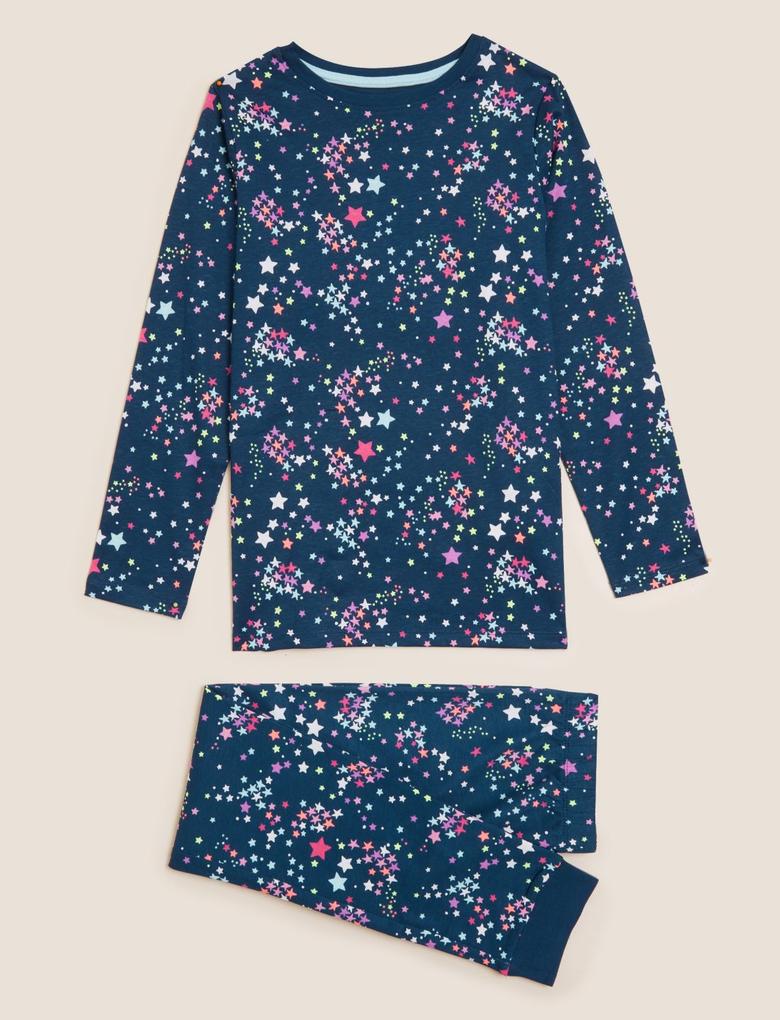 Çocuk Lacivert Saf Pamuklu Yıldız Desenli Pijama Takımı (6-16 Yaş)