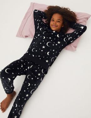 Çocuk Siyah Yıldız Desenli Kadife Pijama Takımı (6-16 Yaş)
