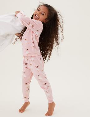 Çocuk Pembe Balerin Desenli Kadife Pijama Takımı (1-7 Yaş)
