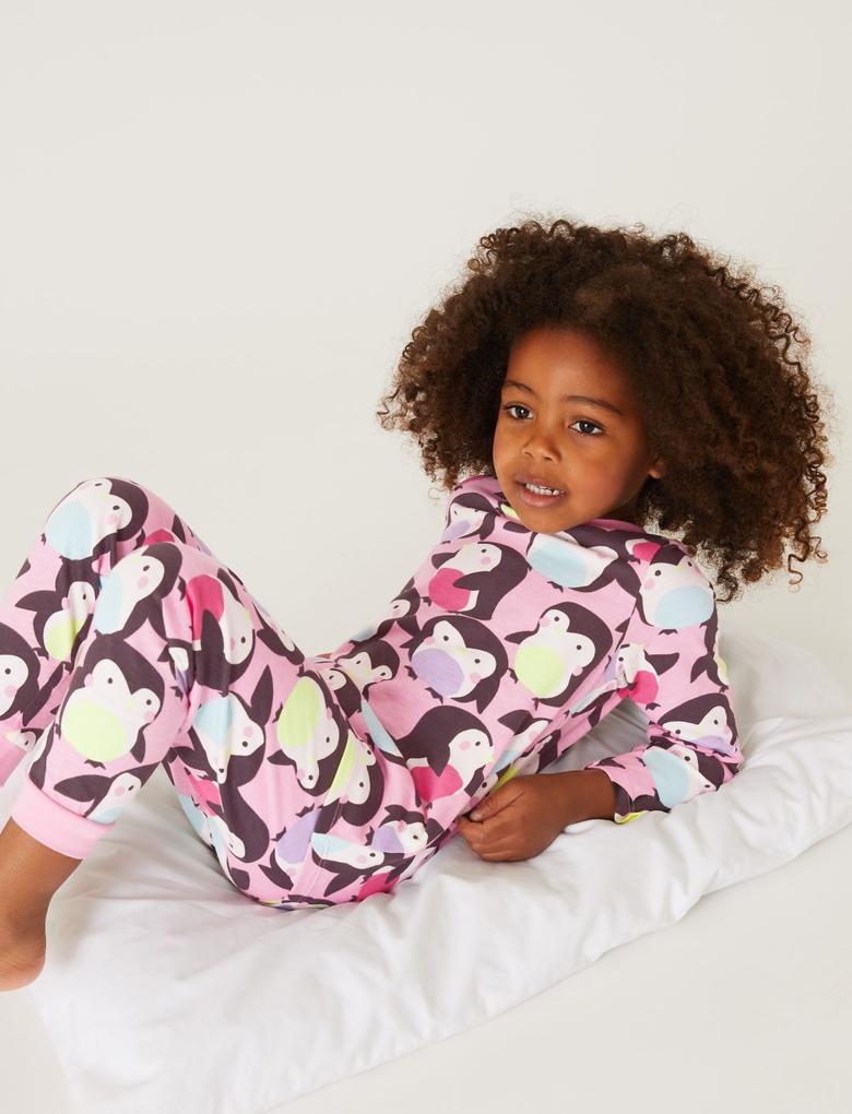 Çocuk Pembe Saf Pamuklu Penguen Desenli Pijama Takımı (1-7 Yaş)
