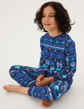 Çocuk Multi Renk Saf Pamuklu Oyun Desenli Pijama Takımı (6-16 Yaş)