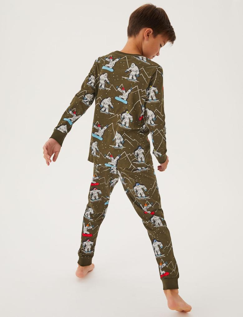 Çocuk Multi Renk Saf Pamuklu Yeti Desenli Pijama Takımı (6-16 Yaş)