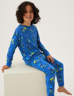 Çocuk Multi Renk Saf Pamuklu Bisiklet Desenli Pijama Takımı (6-16 Yaş)