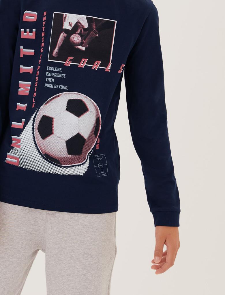 Erkek Çocuk Lacivert Saf Pamuklu Futbol Desenli T-Shirt (6-16 Yaş)