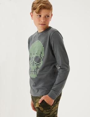 Erkek Çocuk Siyah Saf Pamuklu Grafik Desenli T-Shirt (6-16 Yaş)