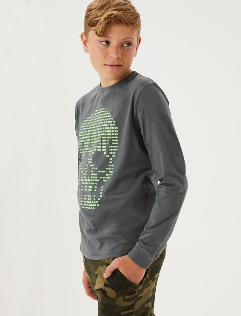 Erkek Çocuk Siyah Saf Pamuklu Grafik Desenli T-Shirt (6-16 Yaş)