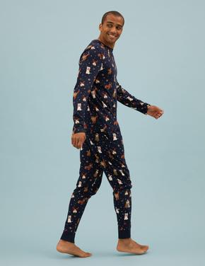 Erkek Lacivert Saf Pamuklu Yılbaşı Temalı Pijama Takımı