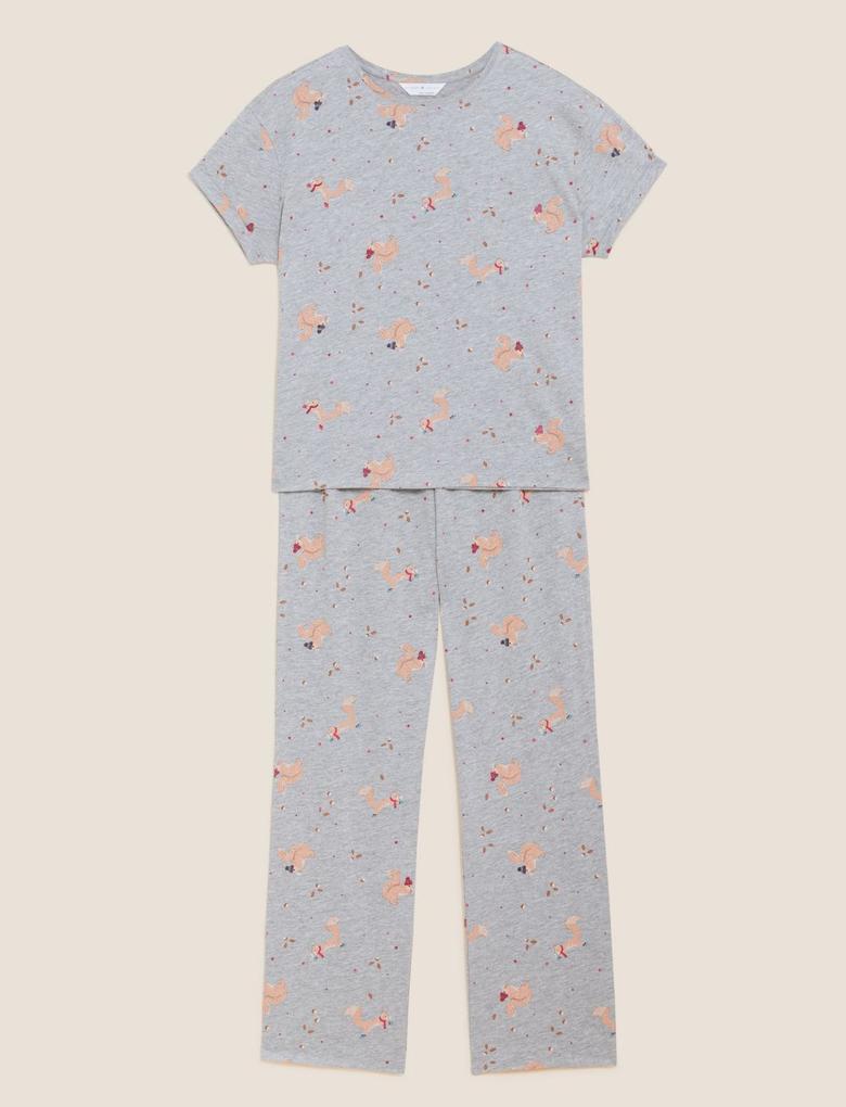 Kadın Gri Sincap Desenli Pijama Takımı