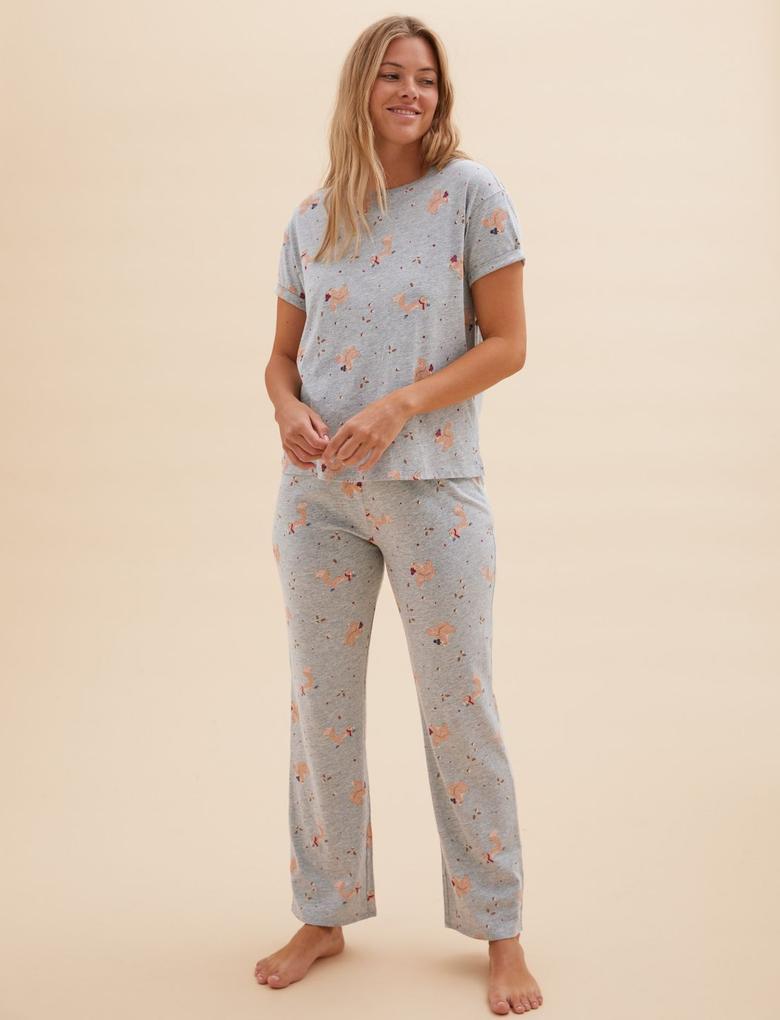 Kadın Gri Sincap Desenli Pijama Takımı