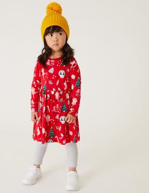 Kız Çocuk Kırmızı Saf Pamuklu Yılbaşı Temalı Elbise (2-7 Yaş)