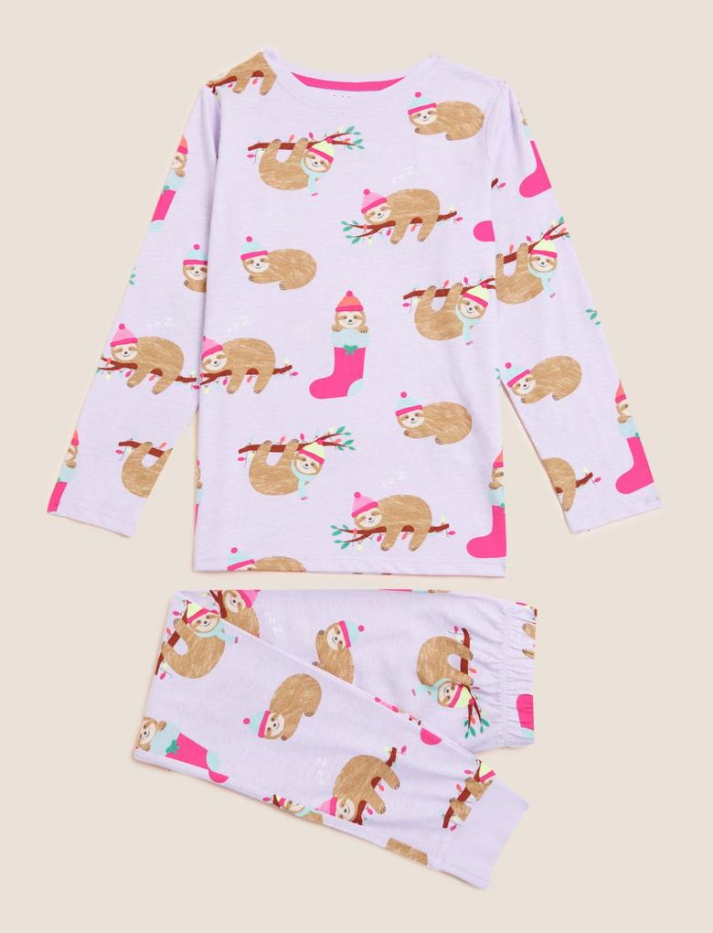 Çocuk Mor Saf Pamuklu Grafik Desenli Pijama Takımı (6-16 Yaş)