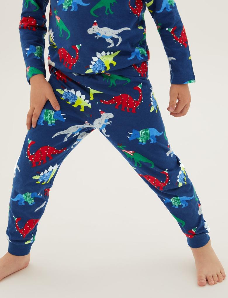 Çocuk Multi Renk Saf Pamuklu Dinozor Desenli Pijama Takımı (1-7 Yaş)