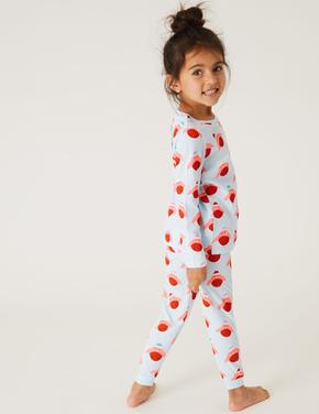 Çocuk Mavi Saf Pamuklu Yılbaşı Temalı Pijama Takımı (1-7 Yaş)