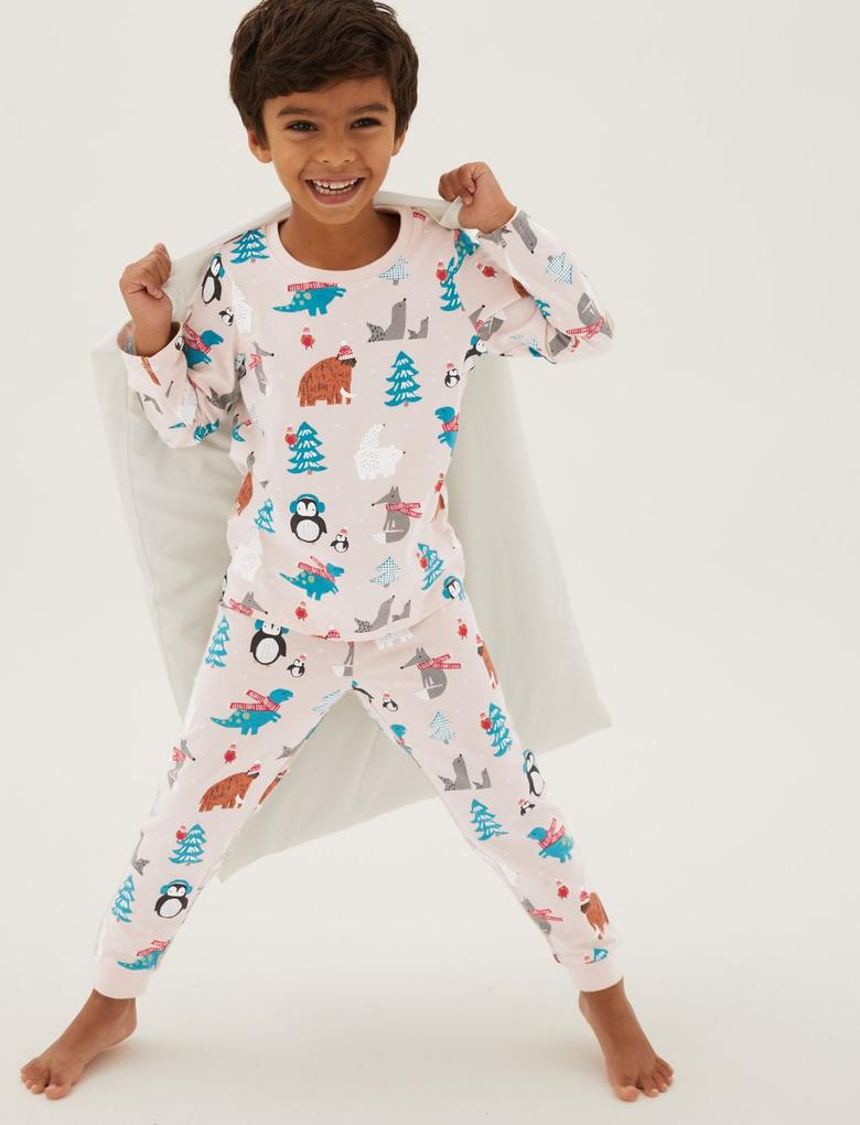 Çocuk Multi Renk Saf Pamuklu Grafik Desenli Pijama Takımı (1-7 Yaş)