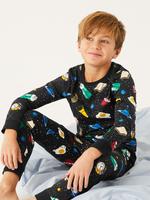 Çocuk Siyah Saf Pamuklu Uzay Desenli Pijama Takımı (6-16 Yaş)