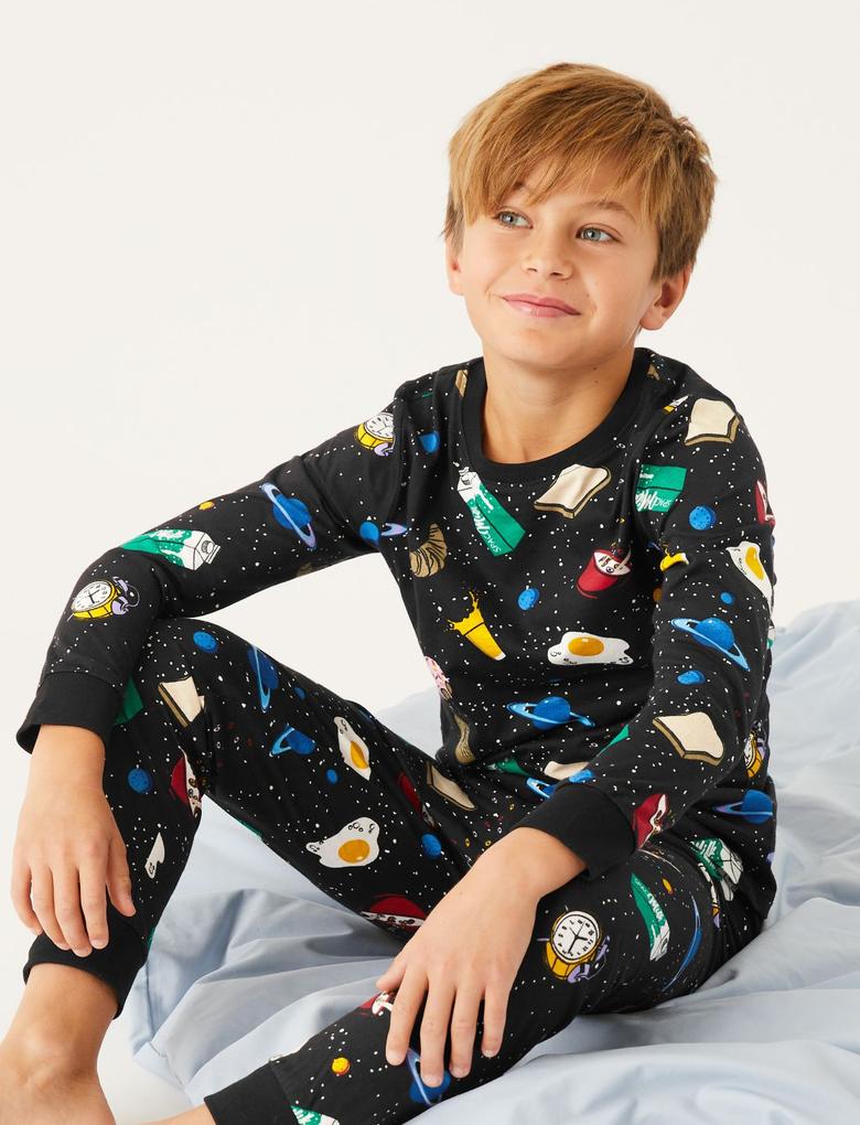 Çocuk Siyah Saf Pamuklu Uzay Desenli Pijama Takımı (6-16 Yaş)