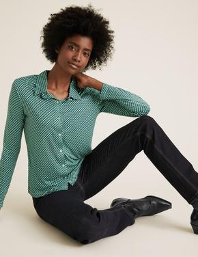 Kadın Yeşil Geometrik Desenli Uzun Kollu Bluz