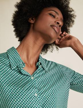 Kadın Yeşil Geometrik Desenli Uzun Kollu Bluz
