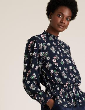 Kadın Lacivert Çiçek Desenli Dik Yakalı Bluz