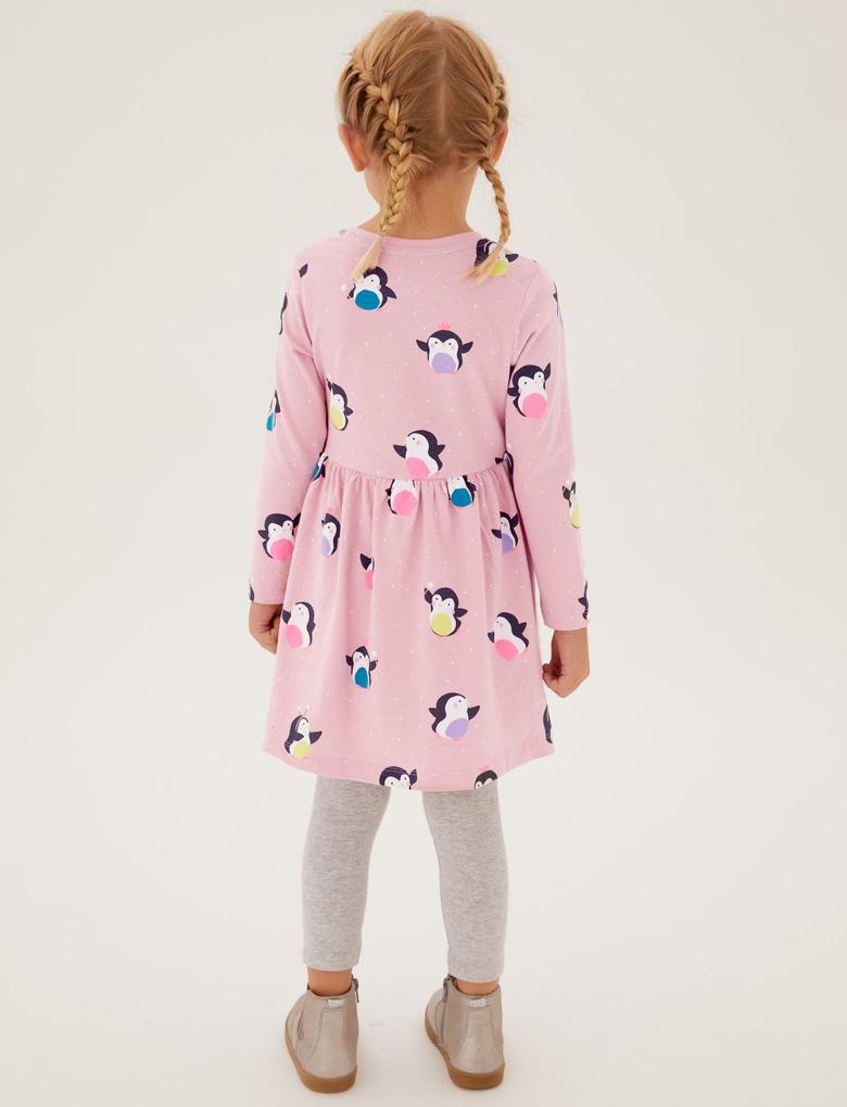 Kız Çocuk Pembe Saf Pamuklu Penguen Desenli Elbise (2-7 Yaş)