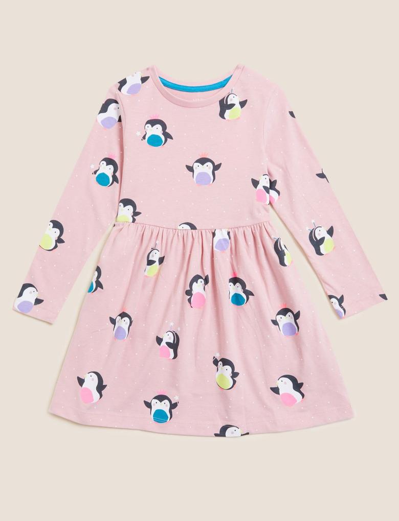 Kız Çocuk Pembe Saf Pamuklu Penguen Desenli Elbise (2-7 Yaş)