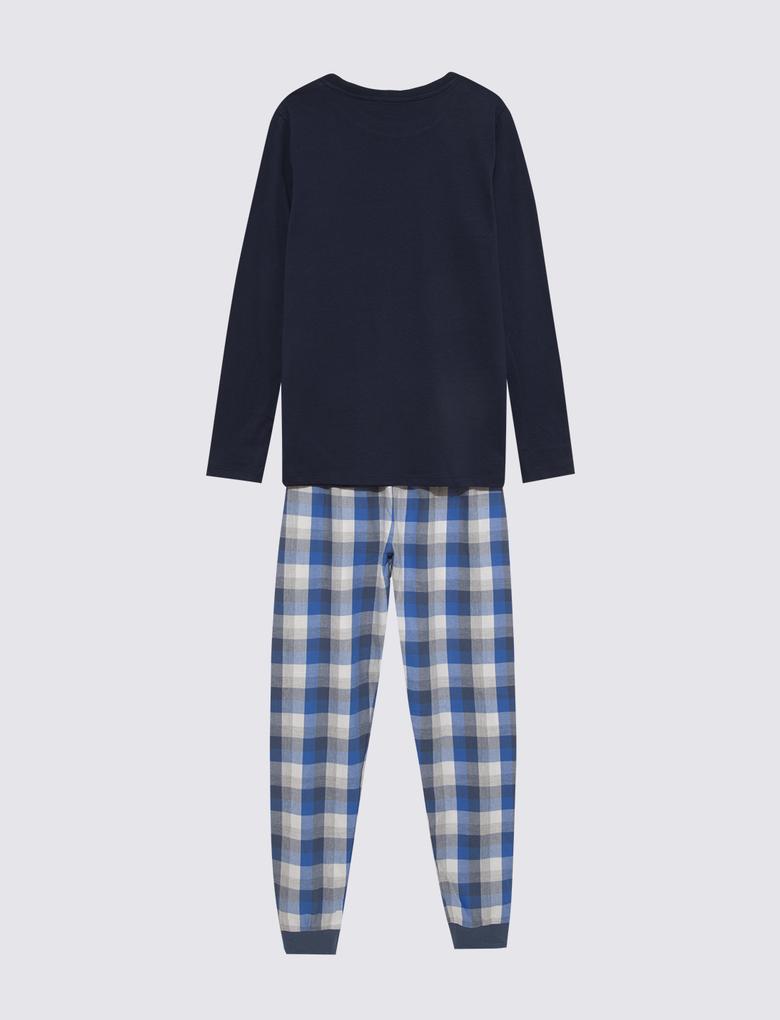 Çocuk Mavi Saf Pamuklu 2'li Pijama Takımı