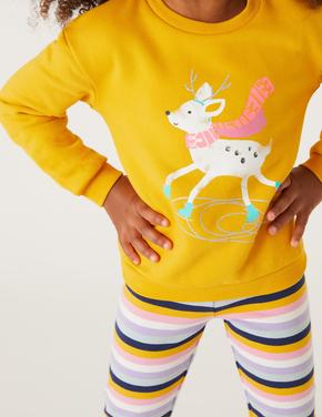 Kız Çocuk Sarı Geyik Desenli Yuvarlak Yaka Sweatshirt (2-7 Yaş)