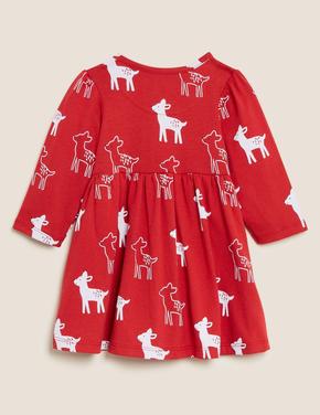 Bebek Kırmızı Saf Pamuklu Geyik Desenli Elbise (0-3 Yaş)