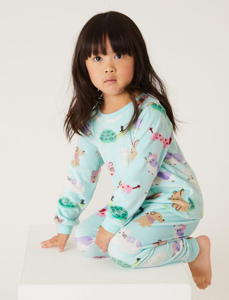 Çocuk Multi Renk Hayvan Desenli Kadife Pijama Takımı (1-7 Yaş)