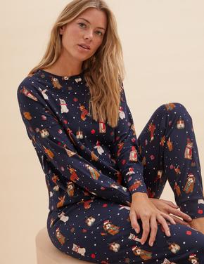 Kadın Lacivert Saf Pamuklu Yılbaşı Temalı Pijama Takımı