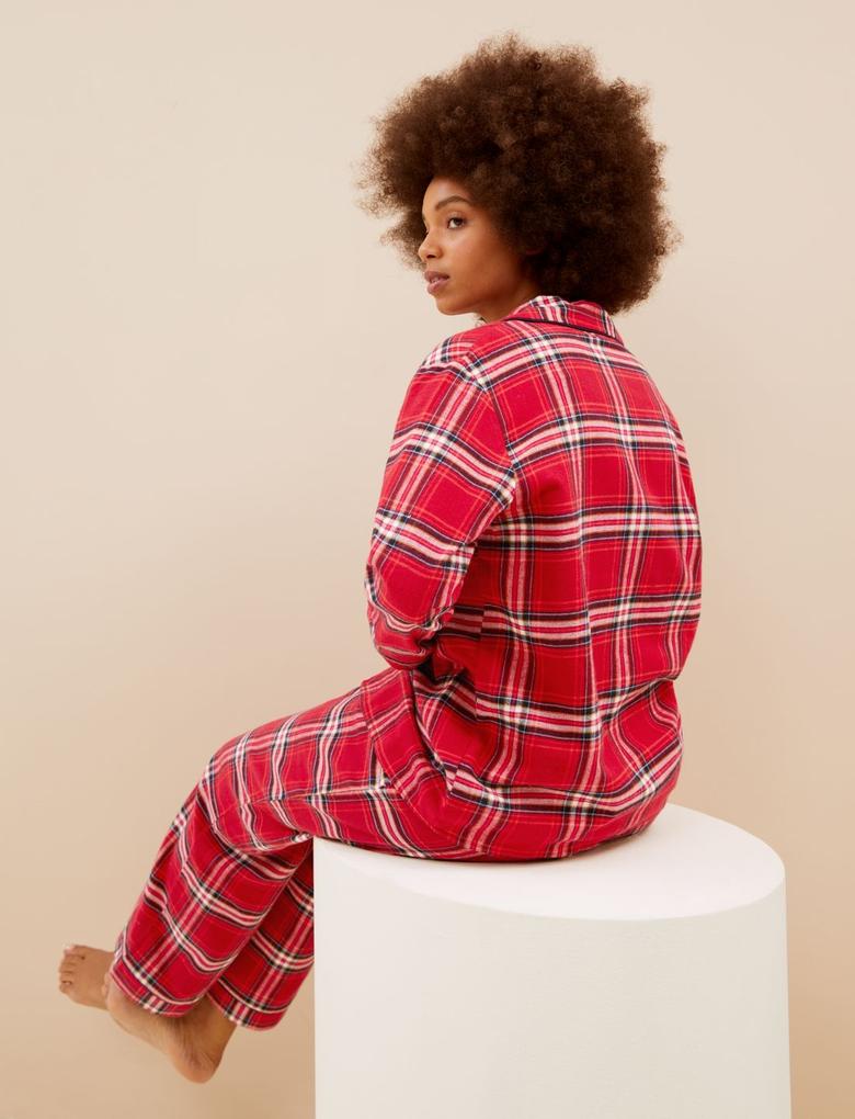 Kadın Kırmızı Saf Pamuklu Ekose Desenli Pijama Takımı