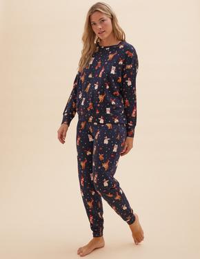 Kadın Lacivert Saf Pamuklu Yılbaşı Temalı Pijama Takımı